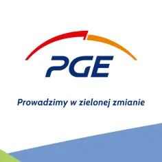 Logo PGE z hasłem "Prowadzimy w zielonej zmianie" na białym tle z zielono-niebieskim pasem.