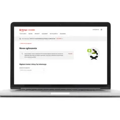 Laptop z otwartą stroną internetową Energa, sekcja "Nowe zgłoszenie".